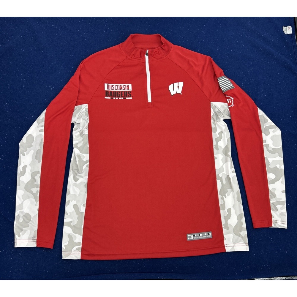 Wisconsin Badgers Shirt Men's L Red Colosseum 1/4‎ Zip Pullover OHT Military